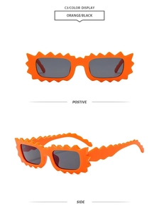 Detailed front and side views of orange irregular flame frame sunglasses with black lenses