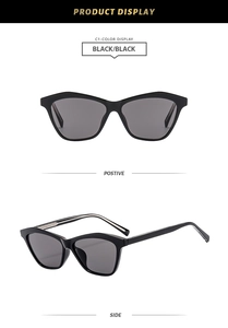 Front and side view of black polygon cat-eye sunglasses with dark grey UV lenses