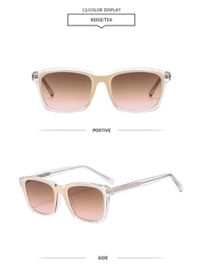 Detailed view of beige and tea gradient sunglasses with stylish transparent frames