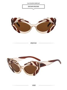 Detailed front and side views of brown cat-eye sunglasses with flame-like decor