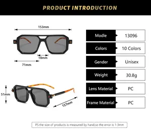 Detailed size chart for unisex square sunglasses showing dimensions and PC frame specs