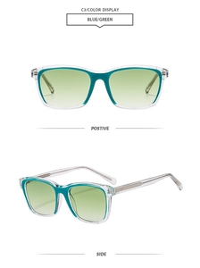 Detail view of square blue-green gradient sunglasses with transparent dual-layer frame