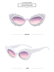 Detail of white flame-textured cat-eye sunglasses with purple-pink gradient lenses