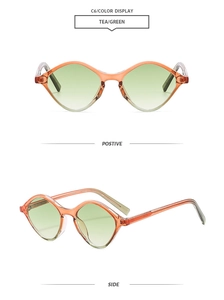 Detailed view of tea-colored geometric diamond sunglasses with green gradient lenses