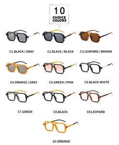 Collection of double-bridge square sunglasses showing 10 assorted frame and lens colors