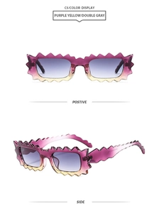 Detail of trendy irregular scalloped sunglasses with purple and yellow gradient frames