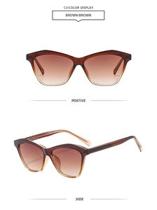 Detailed views of brown cat-eye sunglasses with gradient lenses and translucent frames