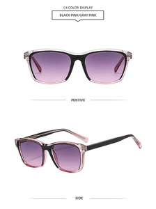 Detail view of square gradient purple lenses and black-pink hybrid frame sunglasses