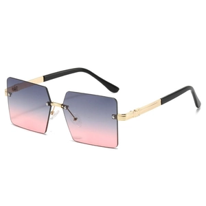 Lunettes de soleil carrées sans monture avec verres dégradés bleu-rose et branches en métal