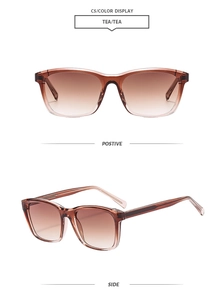 Front and side views of fashionable square tea-colored sunglasses with gradient lenses