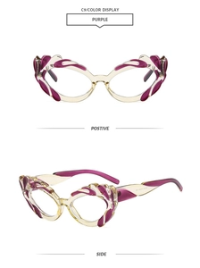 Detail view of purple flame cat-eye sunglasses showing front and side profile perspectives