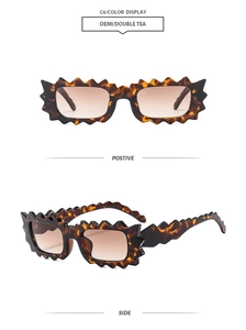 Detail view of jagged frame sunglasses in tortoiseshell brown with a stylish wavy edge