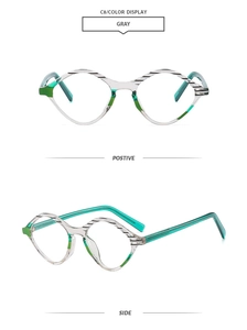 Detail of trendy gray striped geometric sunglasses with transparent green temples in two views