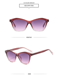 Macro view of C5 red polygon sunglasses with grey pink gradient lenses for women