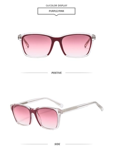 Detail of square jelly purple-pink gradient sunglasses with silver shimmer temples