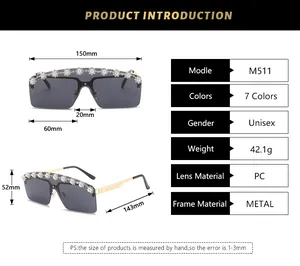 Detailed size chart for rimless pearl sunglasses showing lens width and frame dimensions