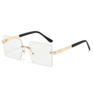 Lunettes de soleil carrées sans monture à monture métallique dorée et branches noires