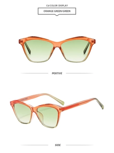 Detail view of stylish orange polygon sunglasses with light green gradient lenses