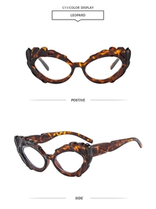 Cat eye sunglasses detail with leopard print frame showing front and side views