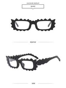 Detailed views showing the unique irregular wavy edges and black frame of the sunglasses