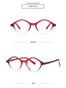 Detail view of purple-blue cat eye frames with wave design and gradient finish