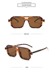 Detailed front and side views of vintage leopard print square sunglasses with brown lenses