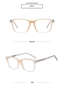 Detail view of stylish beige square sunglasses with transparent frame and metal core