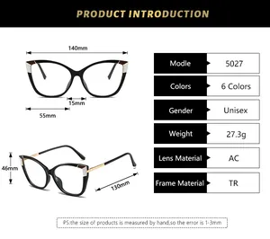 Detailed size chart for vintage cat-eye glasses with TR frame measurements and AC lens data