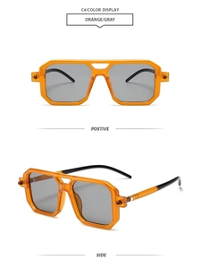 Detail view of orange double-bridge square sunglasses with grey lenses in two angles