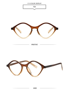 Detail view of tea-colored geometric frame glasses showing both positive and side perspectives