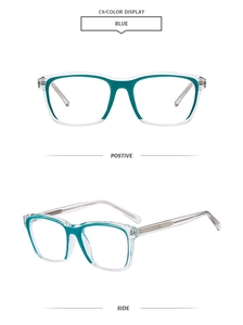Detailed view of square acetate eyeglass frame in transparent blue and green finish
