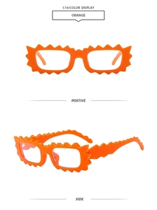Detailed view of orange zigzag frame sunglasses with side and front angle display