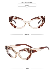 Detail view of brown cat eye sunglasses frame with C13 model number and side wave pattern