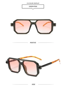 Detail view of square green translucent sunglasses with pink gradient lenses and tortoise temples
