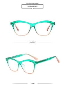 Detail view of cat-eye sunglasses featuring a translucent green and brown gradient frame