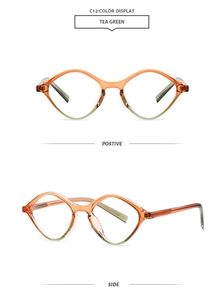 Detail view of tea green gradient geometric sunglasses showing positive and side angles