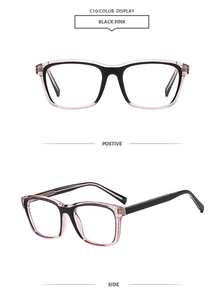 Detail view of rectangular black and pink dual-tone glasses frames from multiple angles