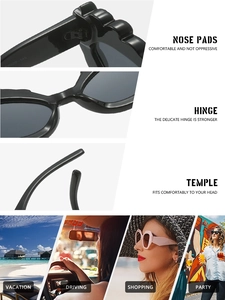 Detail of cat eye sunglasses showing hinges, nose pads, and lifestyle use scenes