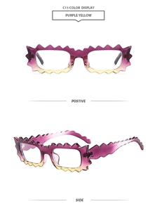 Detail of irregular wavy frame sunglasses in purple yellow gradient with side temple view