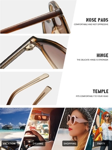 Detail view of tortoiseshell sunglasses with brown gradient lenses and usage scenarios