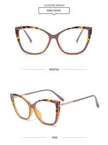 Detailed front and side views of demi and khaki cat eye frames with metallic temple patterns