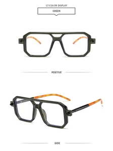 Close-up of green rectangular double bridge sunglasses with tortoise shell temples