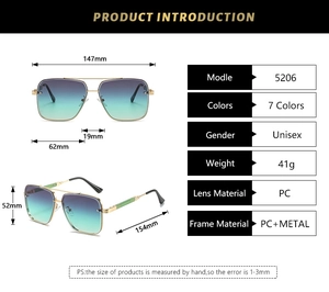 Detailed dimensions of oversized square metal sunglasses with blue gradient lenses