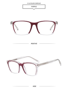Front and side views of purple jelly square sunglasses with transparent frames