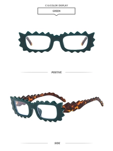 Detail of green irregular jagged frame sunglasses with tortoiseshell temples and C13 model