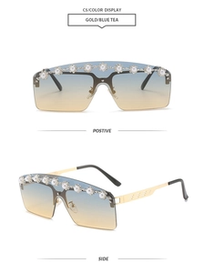 Detail of rimless sunglasses with gradient lenses and pearl floral embellishments
