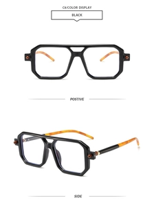 Detail view of vintage double bridge square sunglasses with black frame and tortoise temples