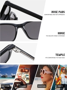 Detail of square sunglasses showing comfy nose pads, sturdy hinges and lifestyle scenes
