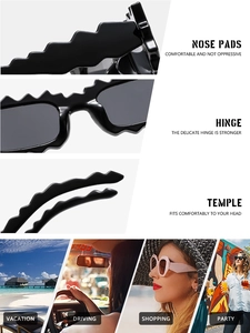 Detail view of wavy frame sunglasses with reinforced hinges and ergonomic temple design