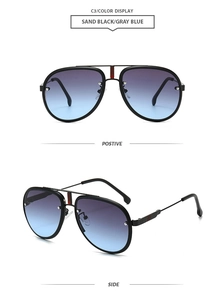 Detail of aviator sunglasses with matte black metal frame and gray blue gradient lenses